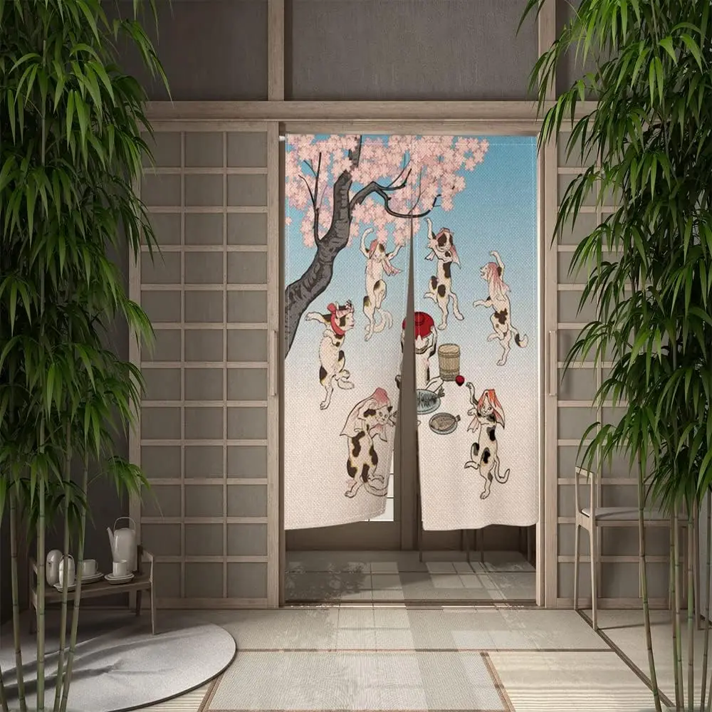 Japanese Doorway Curtain Window Treatment Door Tapestry for Kitchen Home Decoration  (Cherry Blossom, Lucky Cats Printed)
