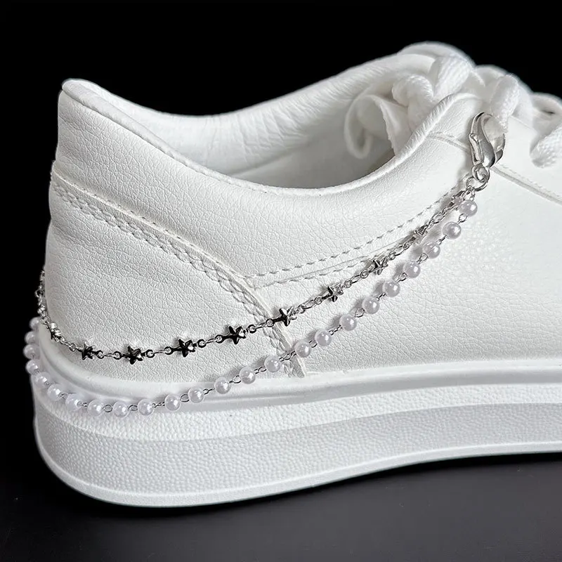 Pearl Metal Double layered Shoe Chain Men Women Casual Shoe accessories Side Detachable Shoe Decoration Fashion Shoes Charms 1Pc