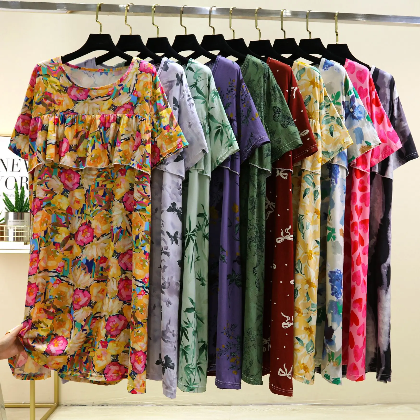 Summer O Neck Short Sleeve Dress with Fashion Lace Trim Anti-Slip Design Plus Size Relaxed Fit Homewear Long Dress