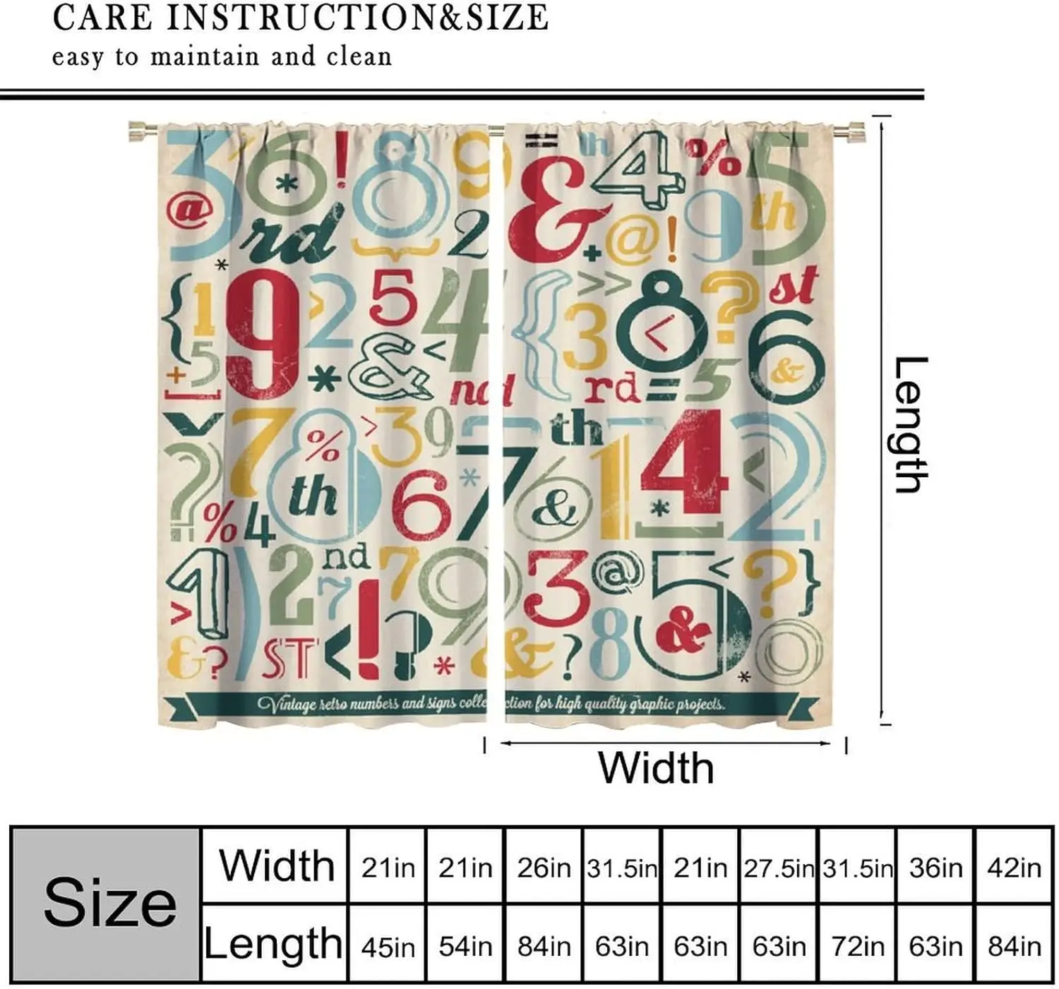 Boho Vintage Numbers Typography Curtain Pair Retro Math Symbols Numerals Shower Curtain Decoration 2pcs