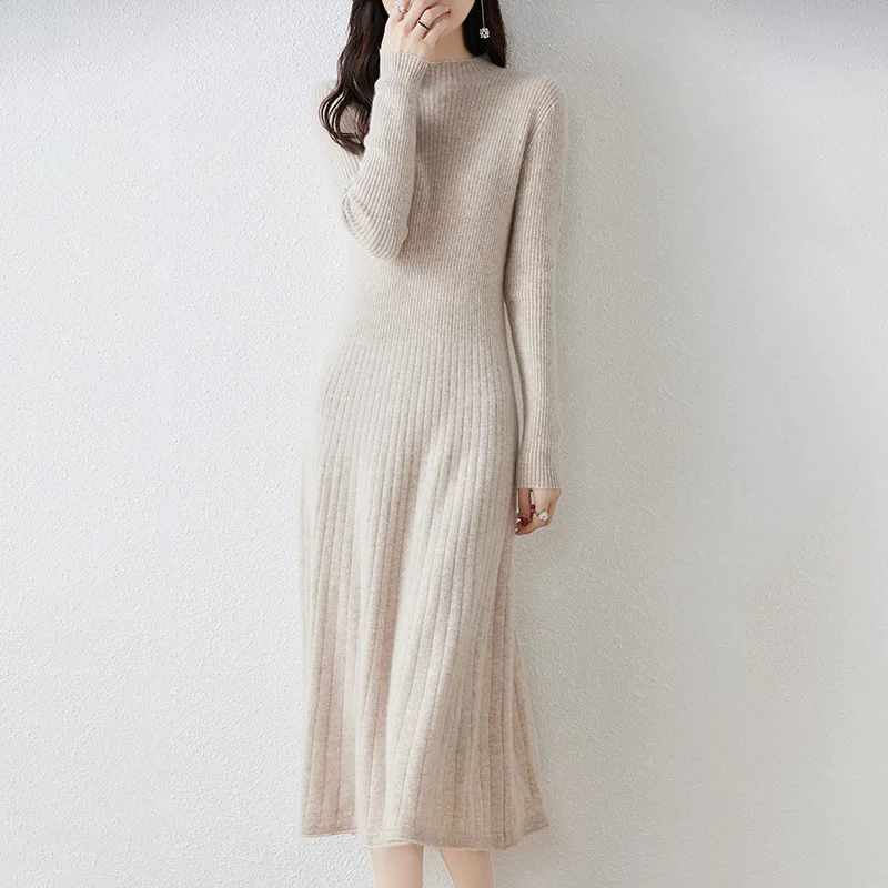 Hot Sale 100% Pure Wool Knitted Sweater Women Long Sleeve Standard Cashmere Knitwear 2023 Winter New Fashion Female Dresses