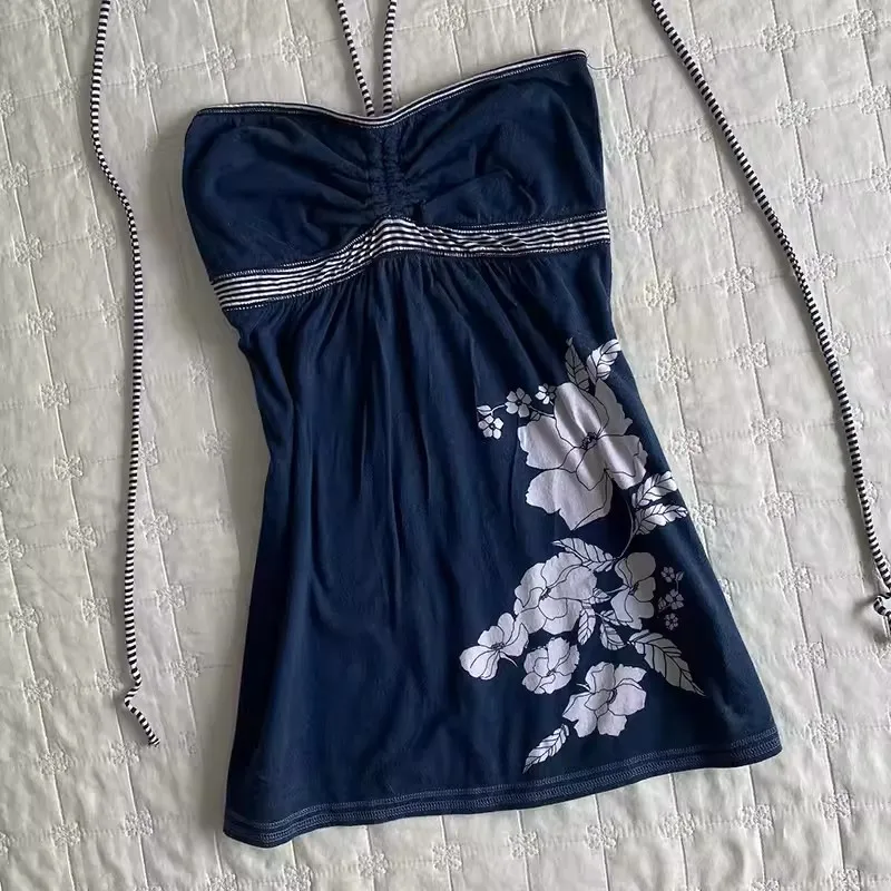 Fashion Y2K High Street Punk Classic Versatile Vests 2026 Summer New Floral Print Halter Lace-up Slim Tube Top Elegant Women Top