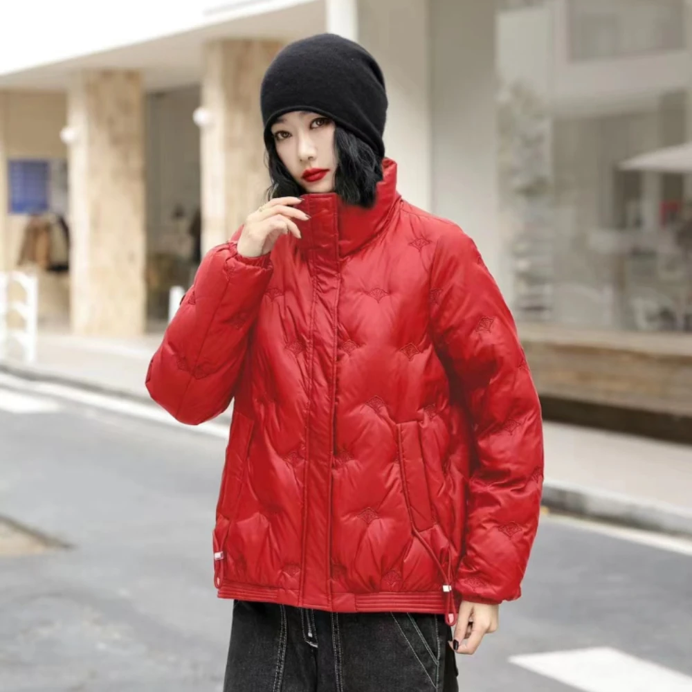 

New Fashion Winter Down Jacket Women White Duck Down Thickened Warm Stand Collar Embroidery Overcoat Casual Loose Puffer Jacket