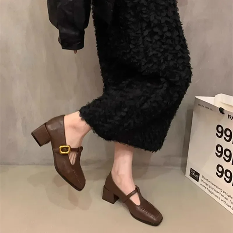 2024 New Women Pumps Mary Janes Chunky High Heels Office Dress Shoes Brown Black Ladies Shoes Fashion Footwear