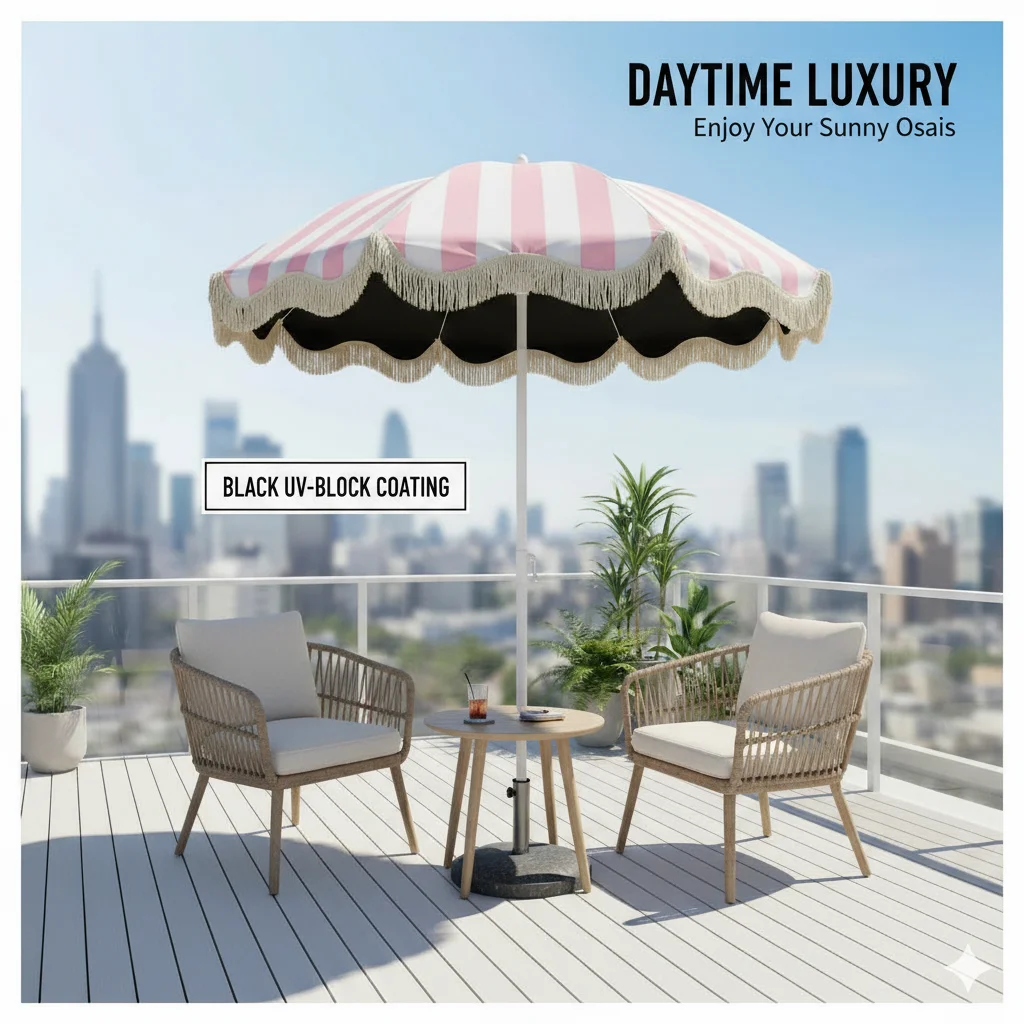 UPF50+ Black Sunshade Umbrella with Sunscreen Coating Soft Pink-White Striped Fringe for Courtyard Balcony No Base Required