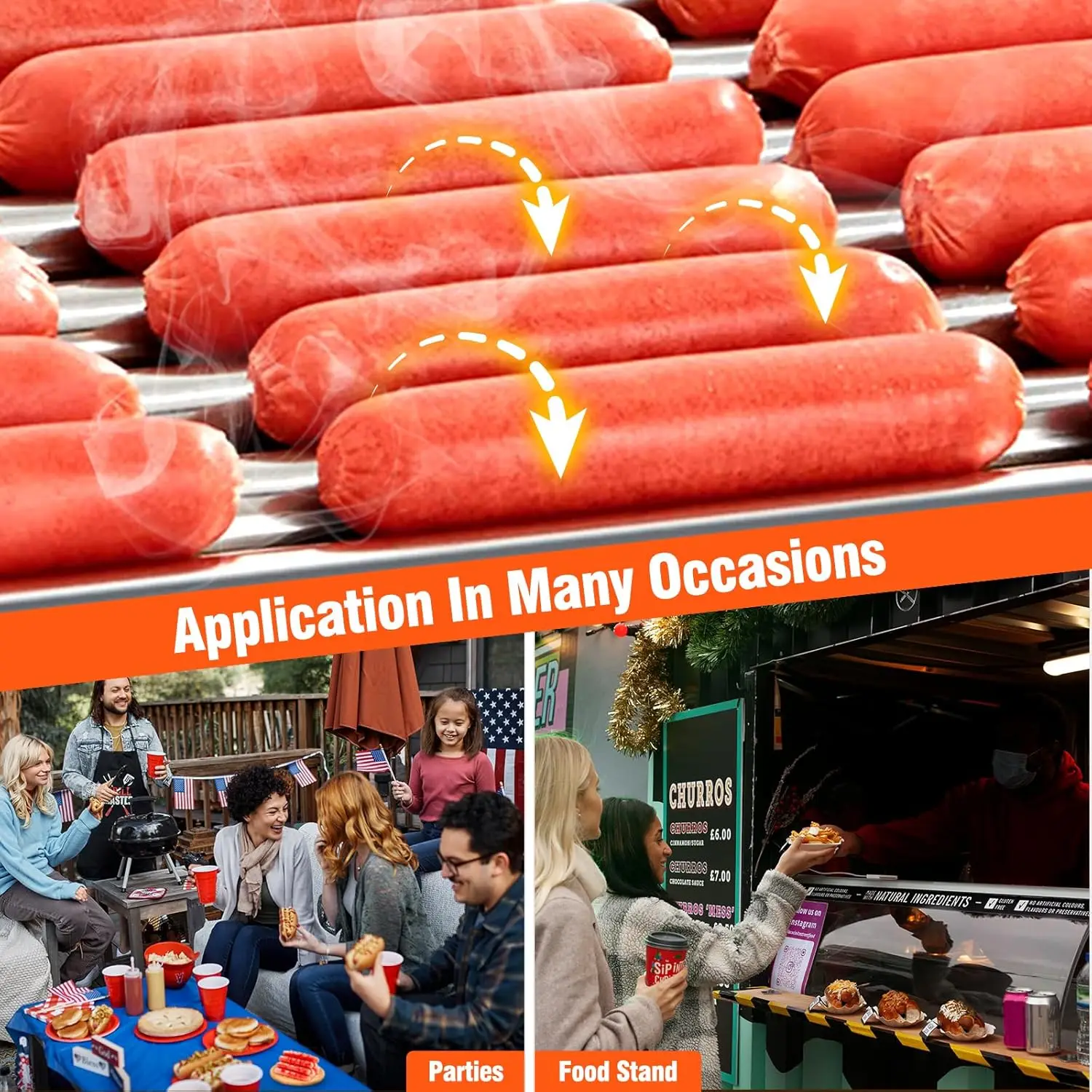 ماكينة طباخ شواية السجق 9 أسطوانة مع رف تدفئة كعكة، كهربائية 24 سعة هوت دوج 1650 وات أسطوانة هوت دوج تحكم مزدوج في درجة الحرارة