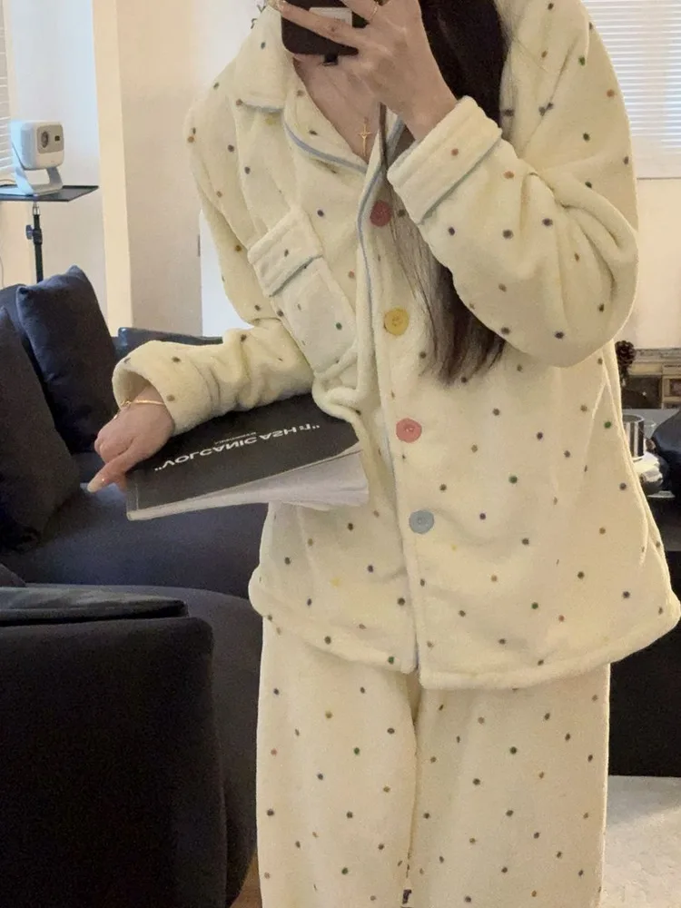 

Korean Style Sweet Polka Dot Coral Fleece Pajamas Women's Winter Thick Warm Home Clothes Set Comfortable Loose Fit Long Sleeve