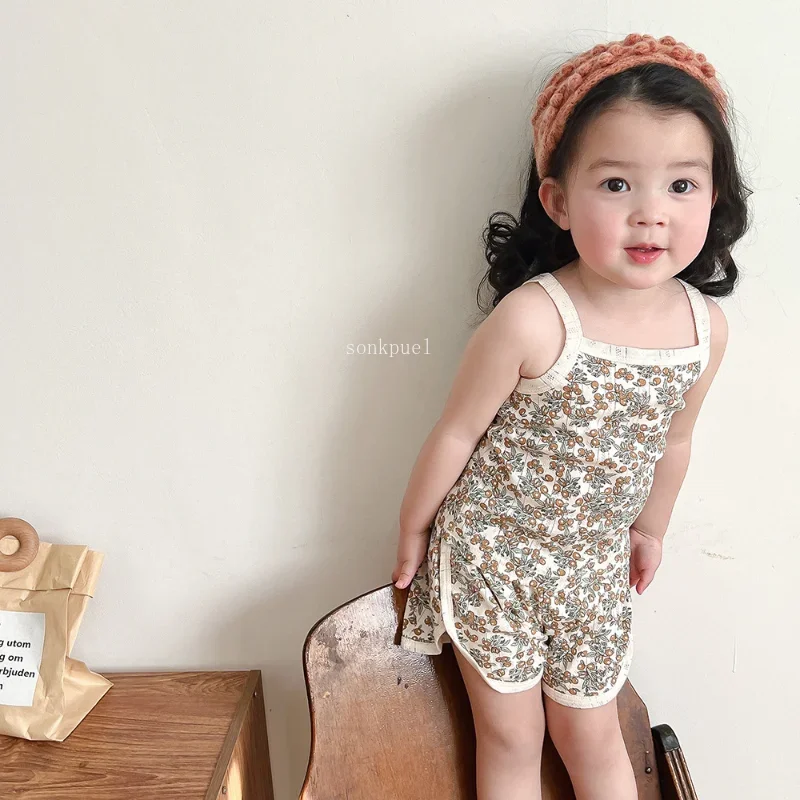 Summer New Baby Sleeveless Tops And Tight Waist Shorts 2 Pieces Suit Girls Square Collar Clothing Set Kids Cotton Clothes