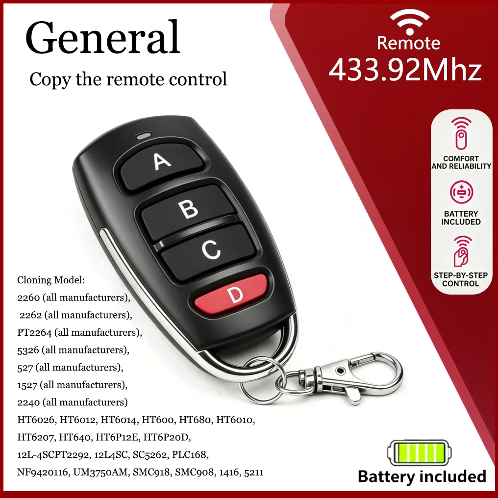 Copy, duplicate the remote control compatible with PT2260, SC2260, LX2260, HX2260 learning-type remote control for garage door,