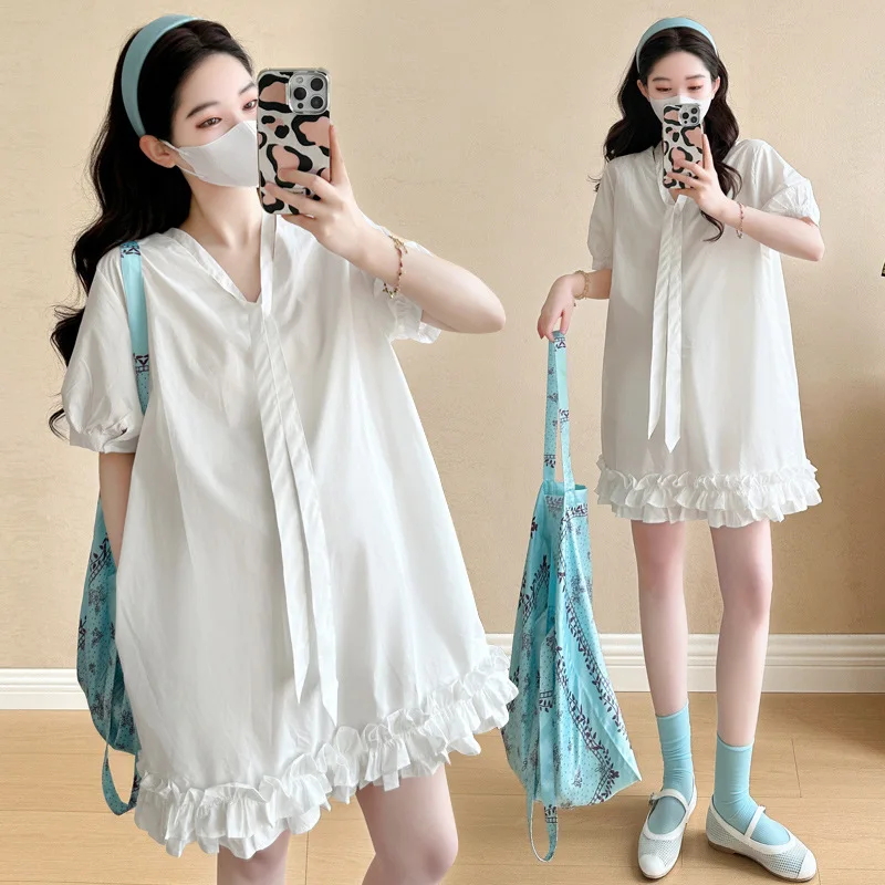 妊婦のドレス 2025 新しい夏のファッションフレンチルーズ痩身 V ネックレーススカート