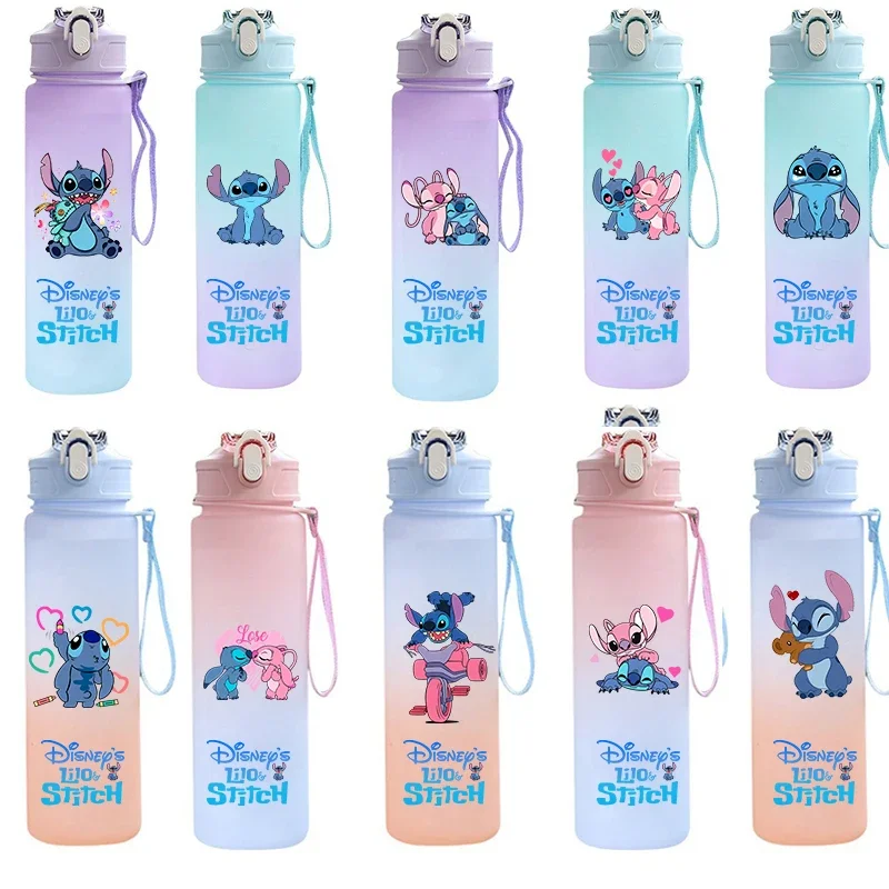 

750Ml Lilo Stitch Plastic Gradient Color Straw Water Cup Sport Drinking Bottle High Value Outdoor Large Capacity Camp Gourd Gift
