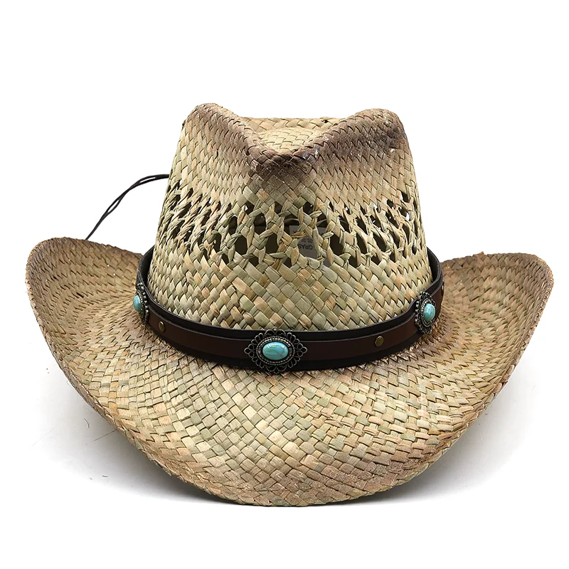 2022 New Men Beach Hat Cowboy Women 100% natural Straw Panama Hat Belt Cow Decorate Wide Brimmed Hats For Summer Khaki Male Hat