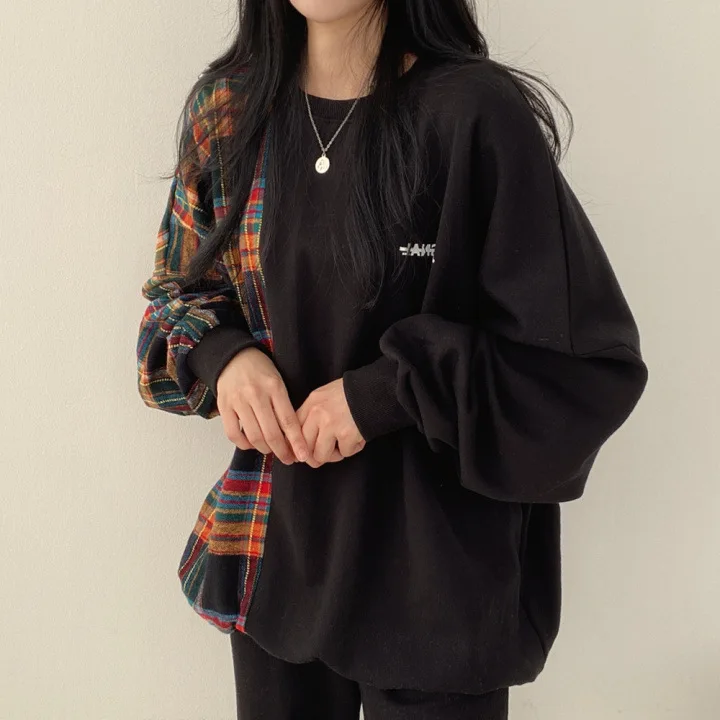 Spring Round Neck Plaid Long Sleeve 2025 Sensibility Korean Style Niche Design Printing Loose Fit Pullover Sweatshirt For Women