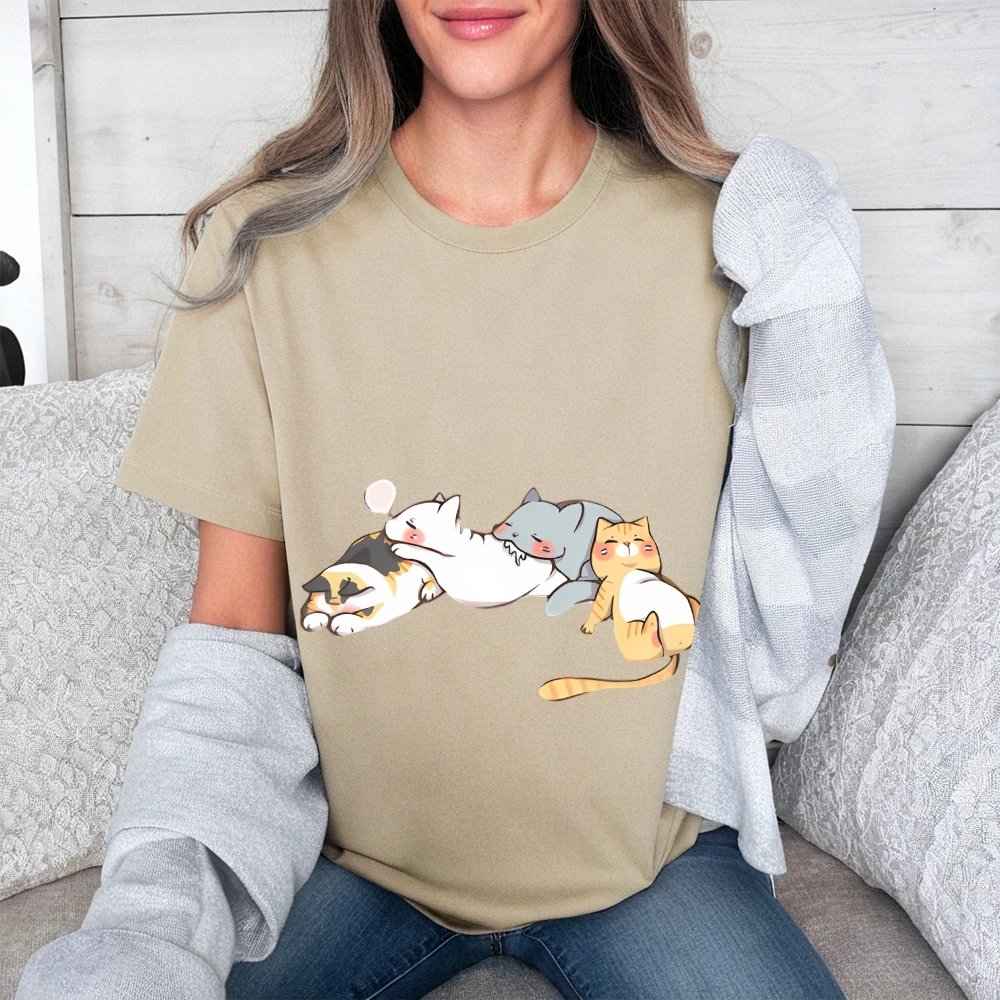 

Women's T - Shirt, Cute Cat Group Graphic Print, Whimsical Animal Design, Casual Short - Sleeve, Trendy Streetwear Tee