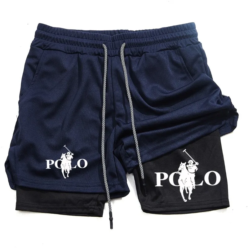 

Men's running and fitness double-layer shorts, quick drying breathable shorts with phone bag, towel rope shorts