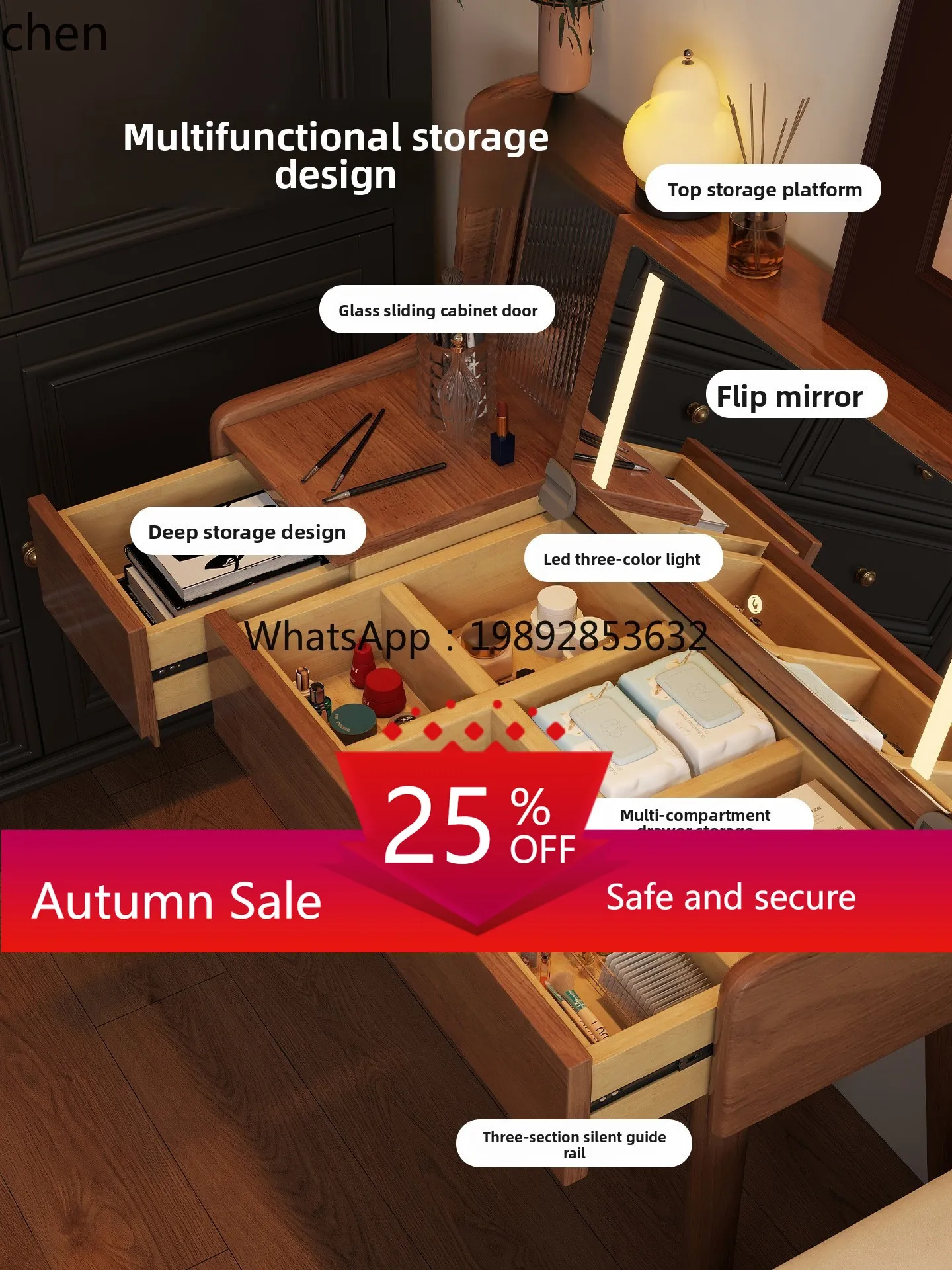 

Solid Wood Dressing Table Bedroom Small Makeup Storage Integrated Vanity Table Vintage Style Small Apartment