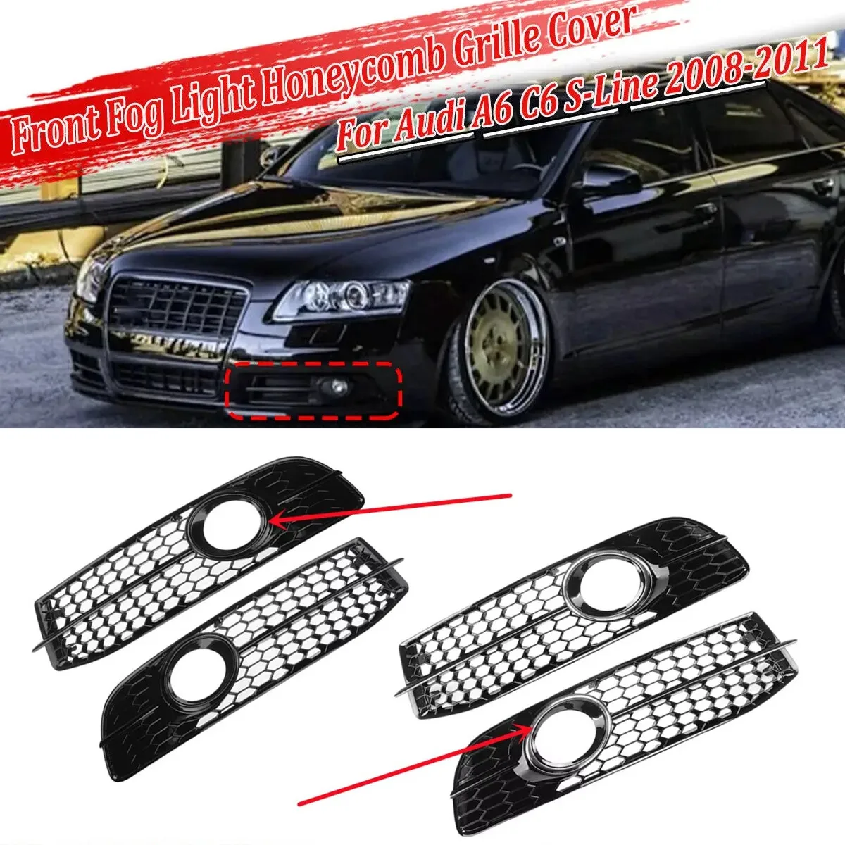 

Pair Car Front Bumper Fog Light Grille For Audi A6 C6 S-Line S-Facelifted 2008 2009 2010 2011 Honeycomb Hex Fog Lamp Grill Cover