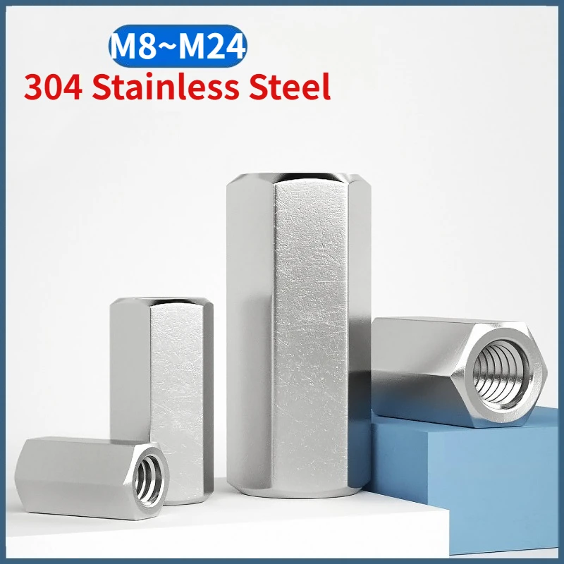 

M8 M10 M12 M14 M16 M18 - M24 304 A2 Stainless Steel Threaded Rod Connecting Nuts Allthread Bar Stud Hexagon Connectors Nut Long