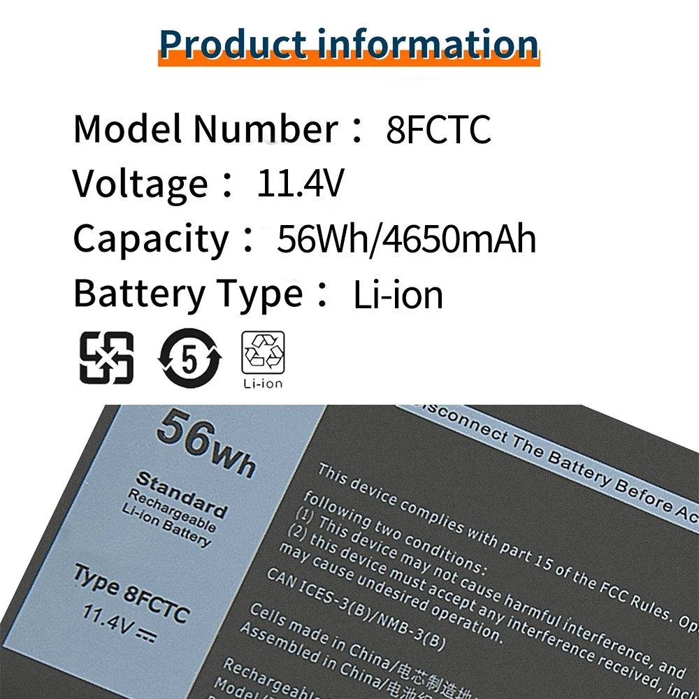 Batteria BVBH 8FCTC G15 5510 per serie DELL 5510/5511/5520/5515/5521 XPS 15 9500 4650mah