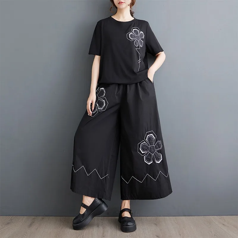 

Summer New Sle Casual Embroidered Floral Women's Two-Piece Set Dstring Bot k Color Loose Fit Cotton Ensemble