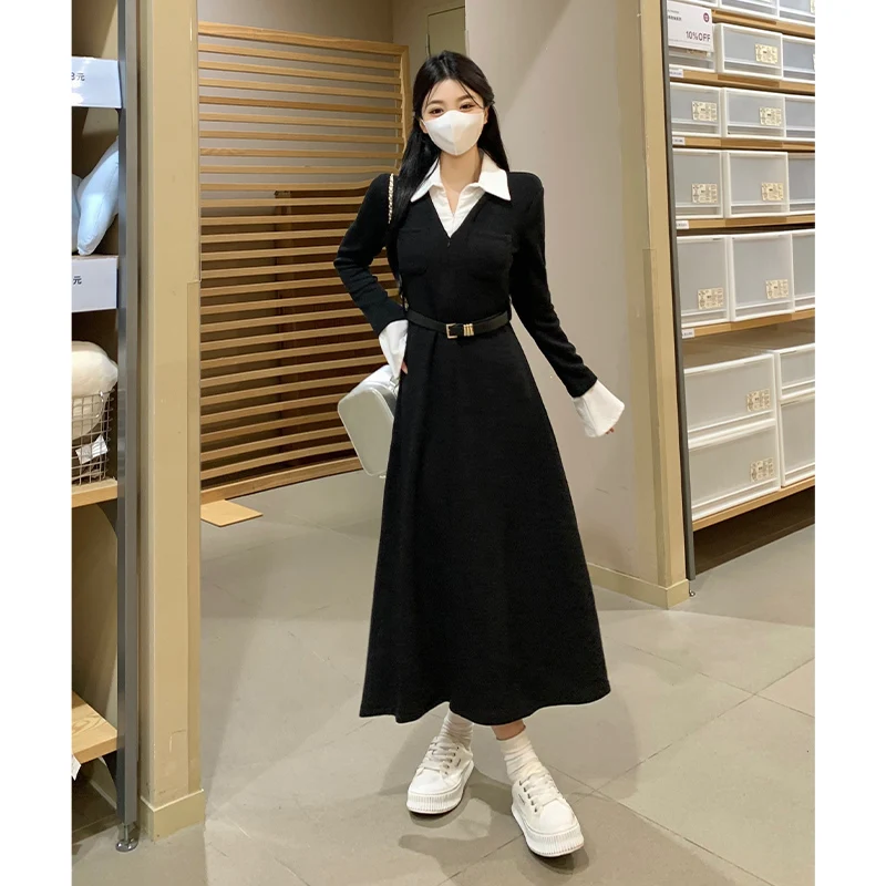 

Elegant Cotton Mini Long Dresses For Women Large Size M-4XL Autumn Winter Loose Female Black Party Warm Fake Two Piece Vestidos