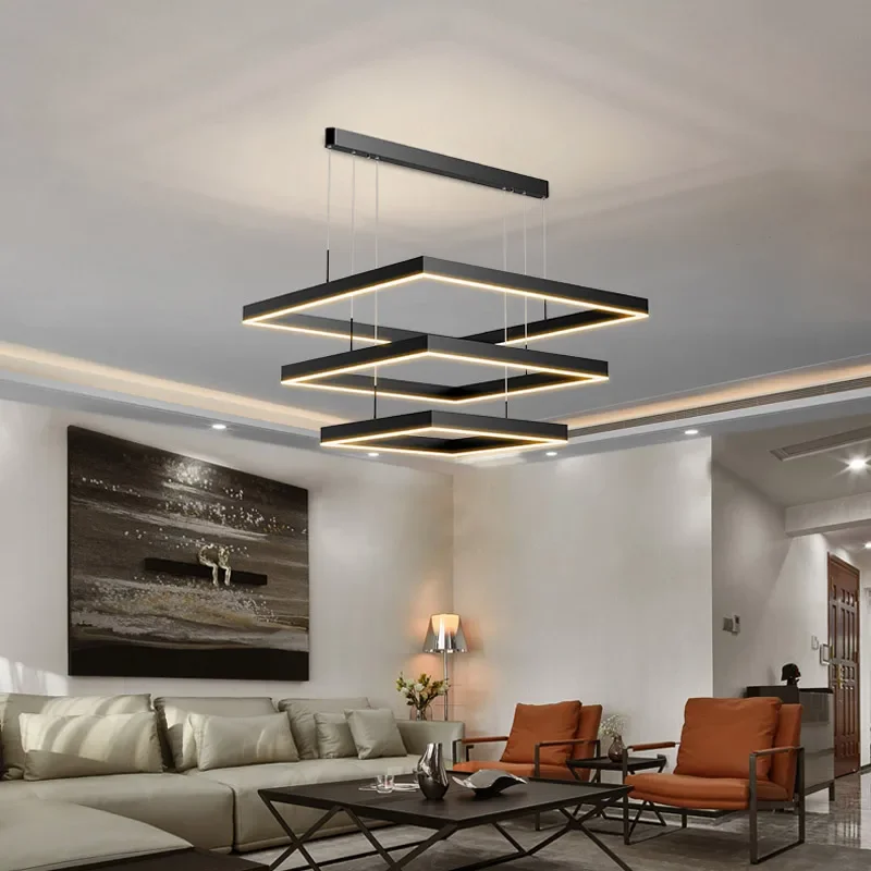 

2026 светодиодный квадратный подвесной светильник для столовой, спальни, гостиной, домашнего декора в стиле лофт, современный черный алюминиевый подвесной светильник