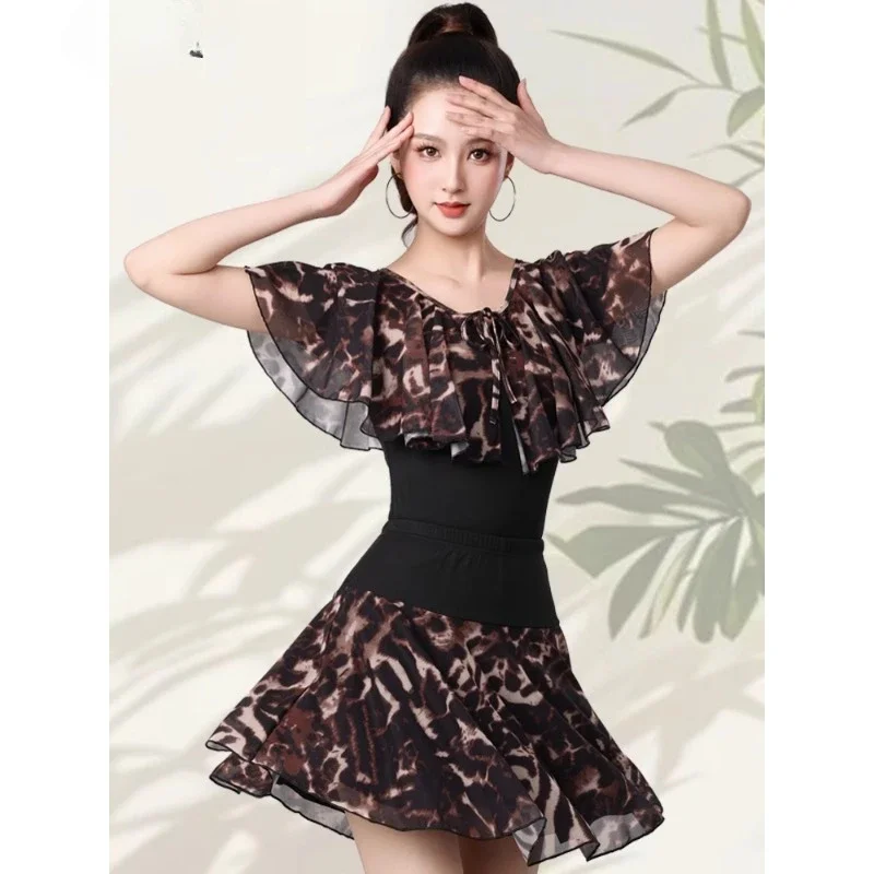 라틴 댄스 의상 메쉬 프린트 반소매 스커트 슈트 우아한 댄스 의상 여성 파티 드레스 국가 표준 연수회