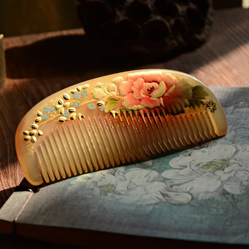 Horn comb, children's anti-static massage comb, painted lacquer art, birthday gift for mother-in-law, elders and wives