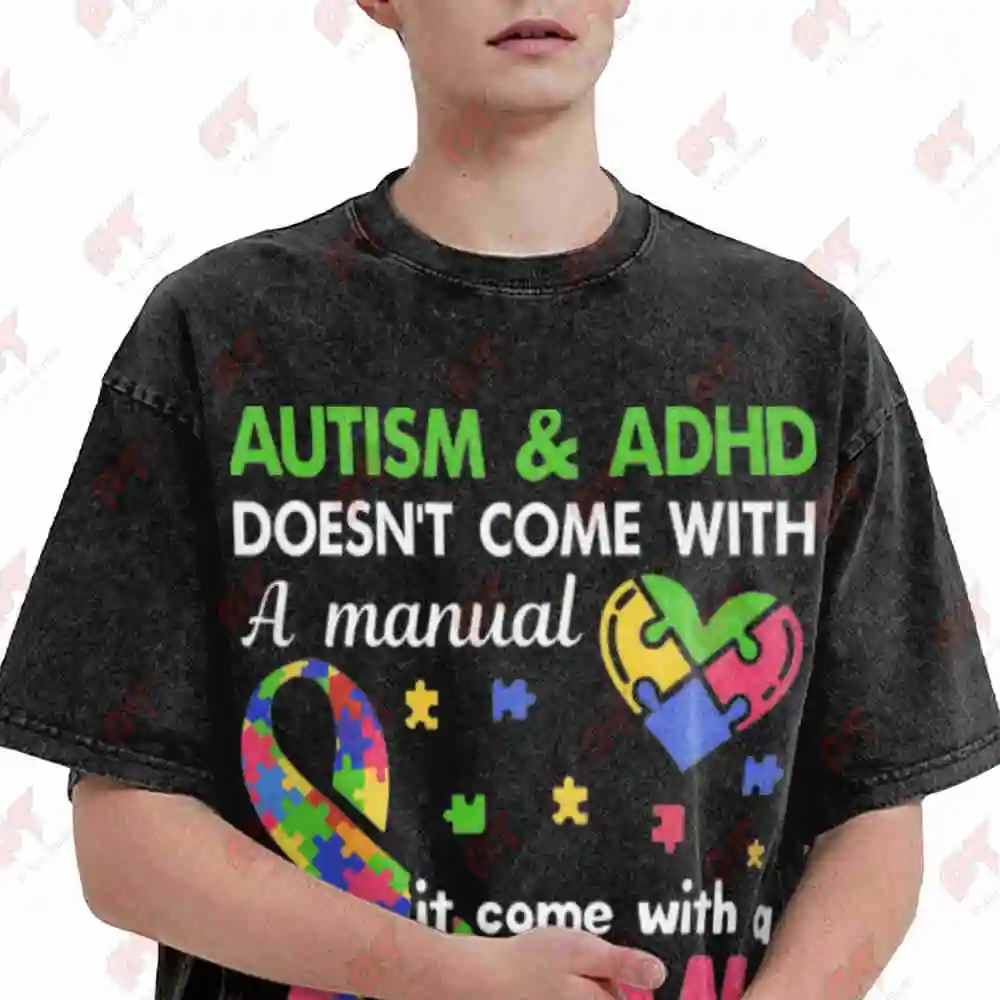 Autism ADHD Puzzle Ribbon Heart Awareness Vintage Washed Tee Pure Cotton T-Shirt