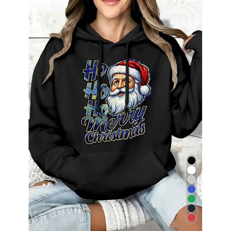 Retro Santa Claus,Merry Christmas pattern women's hoodie，Festive Santa Claus print sweatshirt