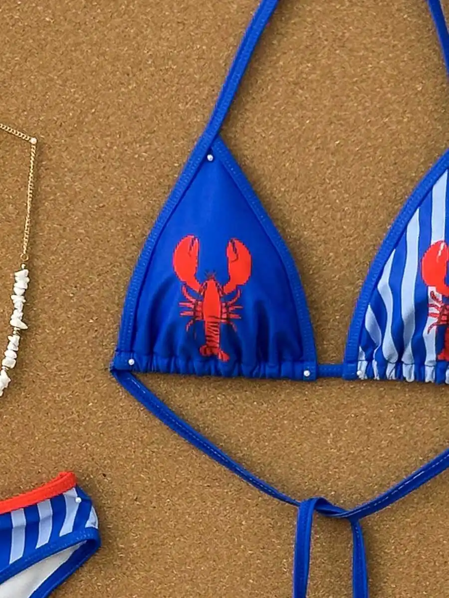 

Womens Lobster Print Colorblock Striped Triangle Bikini Set Beach Vacation Swimsuit Summer