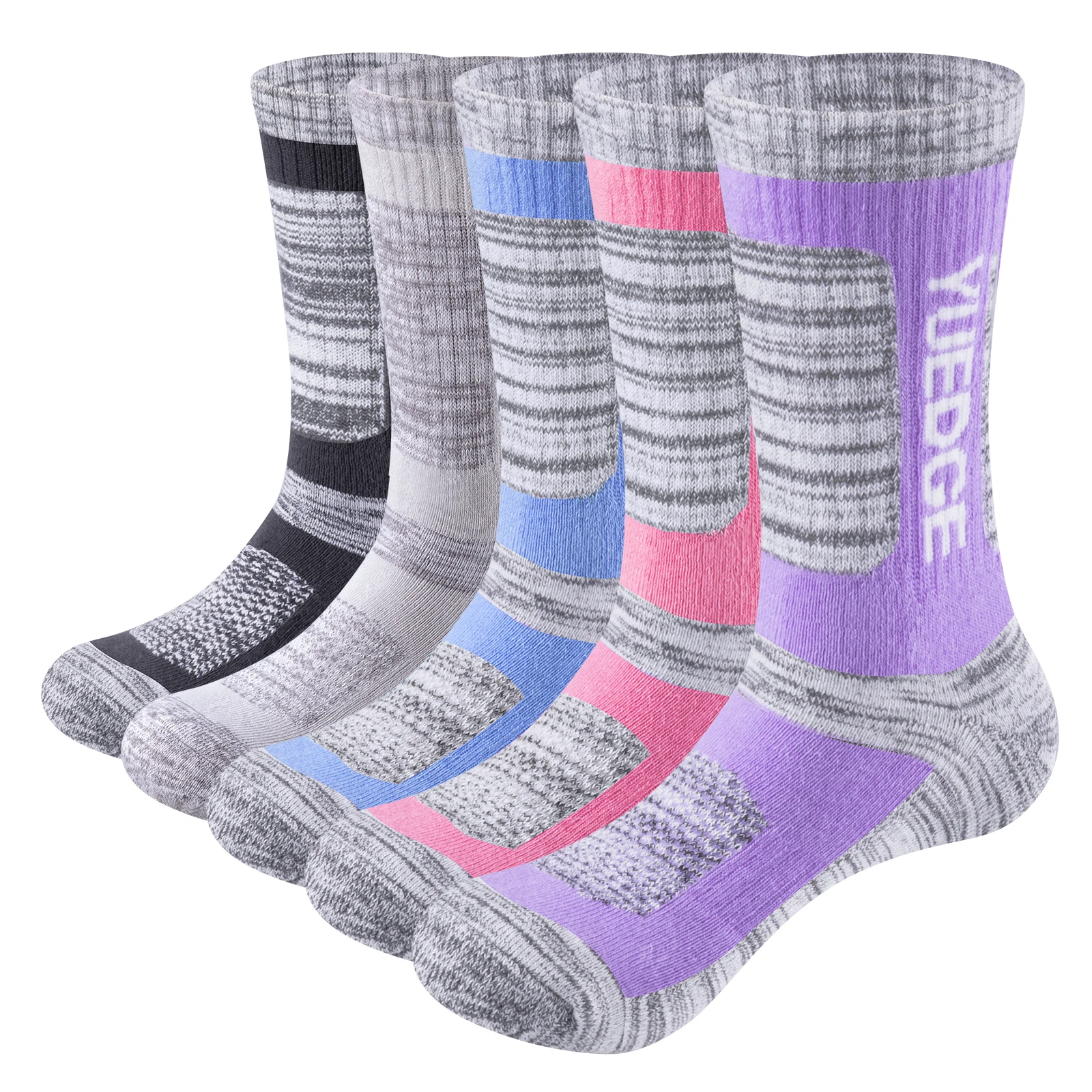 

YUEDGE Womens Moisture Wicking Hiking Socks Cushioned Combed Cotton Mid Calf Thick Thermal Athletic Socks For Size 36-44, 5 Pair