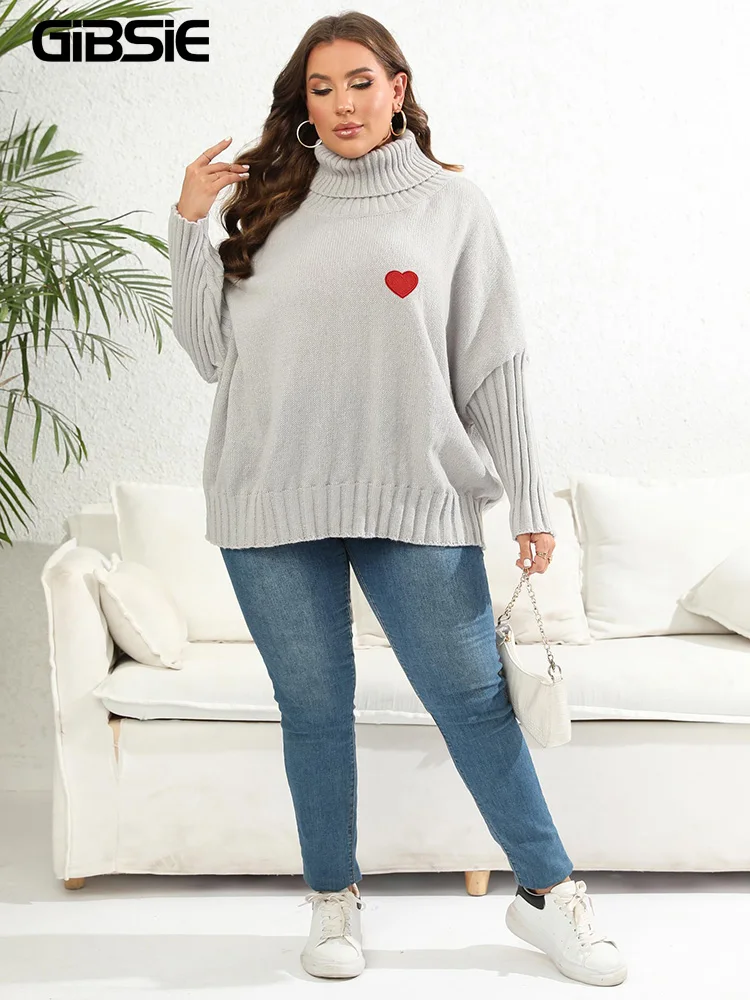 GIBSIE Plus Size Heart Embroidery Oversized Turtleneck Sweater Women 2024 Fall Winter Fashion Loose Gray Black Knitted Pullover