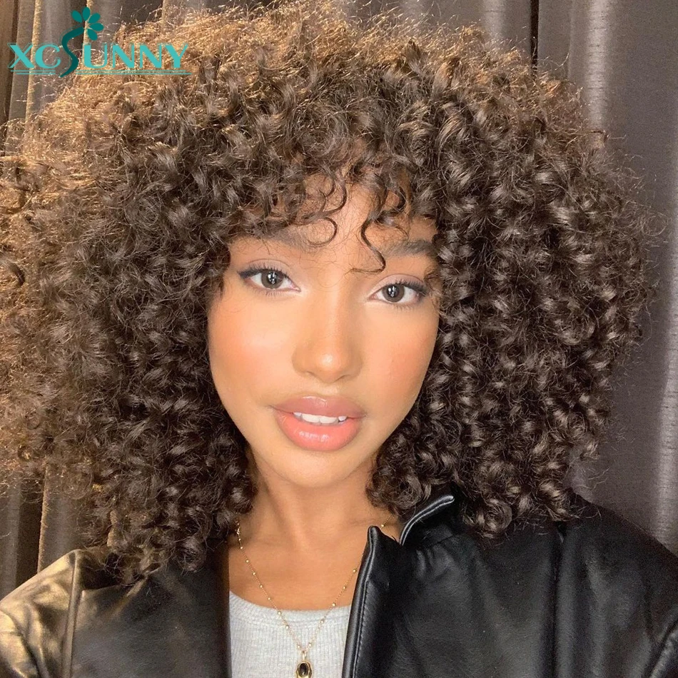 

Curly Human Hair Wigs With Bangs Loose Curly Bang Wig Human Hair Scalp Top Brazilian Full Machine Made Wig 200 Density Xcsunny