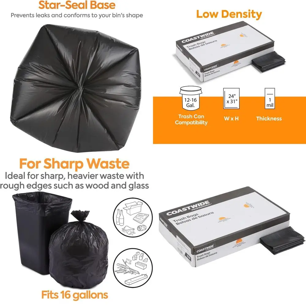 

12-16 Gallon Capacity Black Low Density 24 x 31 Trash Bags, 250 Pack