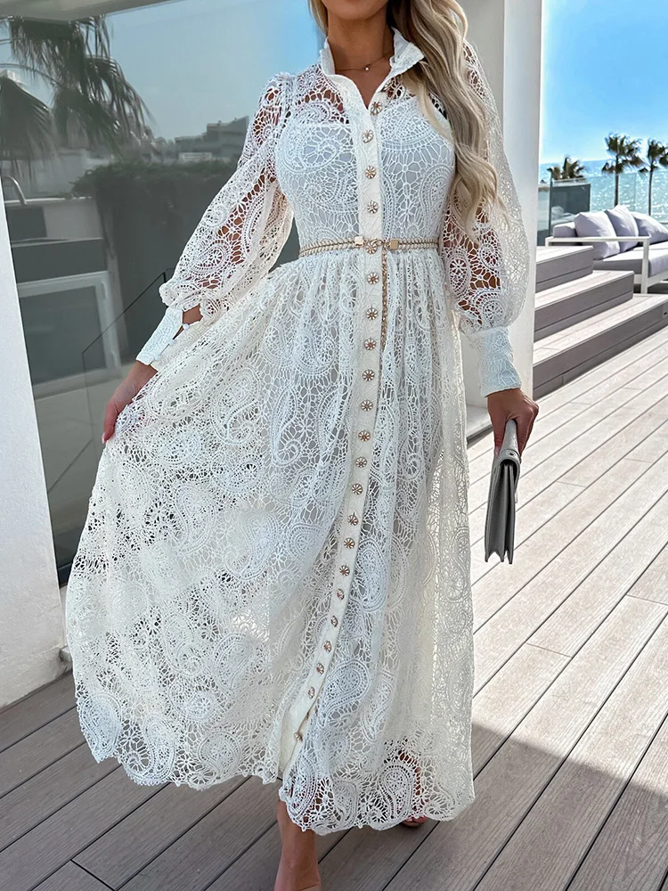 

2023 Women Spring Summer Single-Breasted Maxi Dress Hollow Out Lace Patchwork Fashion Ladies Party Dress Streetwear Dropshipping