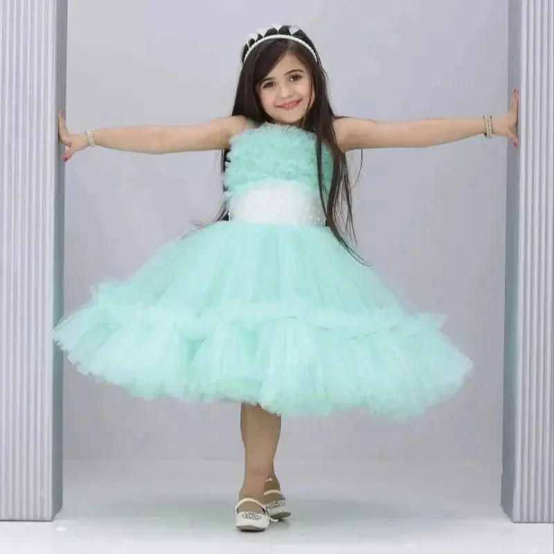 

Customized Lace Tulle Flower Girl Dresses For Wedding Knee Length Pearls Sleeveless Elegant Kids Birthday Party Pageant Gown