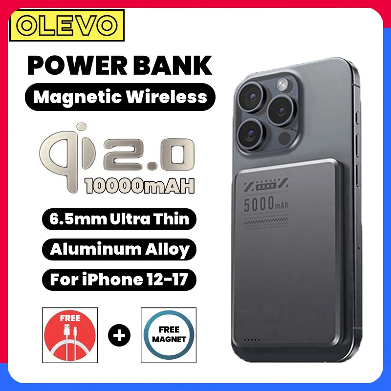 

10000mAh Super Thin Alloy Power Bank Magnetic Powerbank Qi2 Wireless 20W Fast Charger Portable Battery For iPhone Xiaomi Samsung