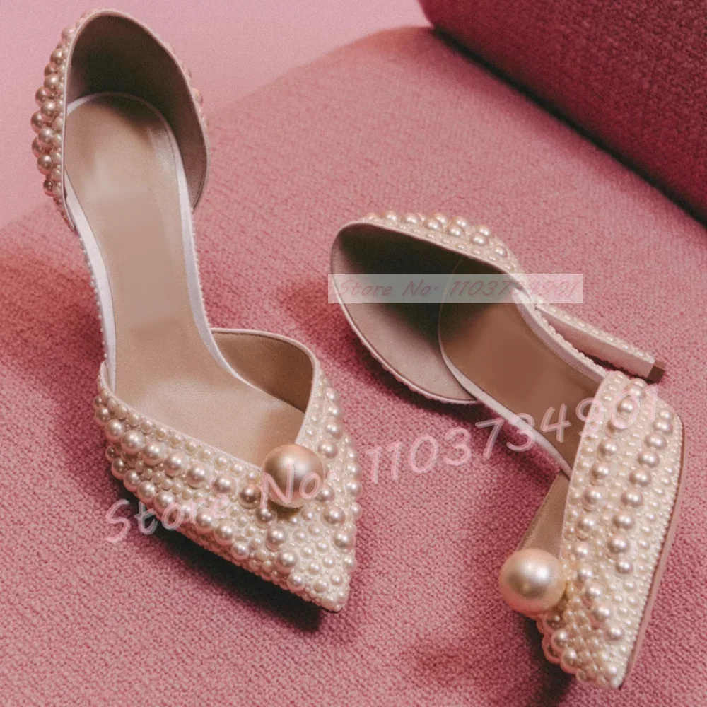 Zapatos de tacón de aguja con perlas blancas para mujer, zapatos de tacón alto de satén con punta puntiaguda, sexys, elegantes, sin cordones, talla grande