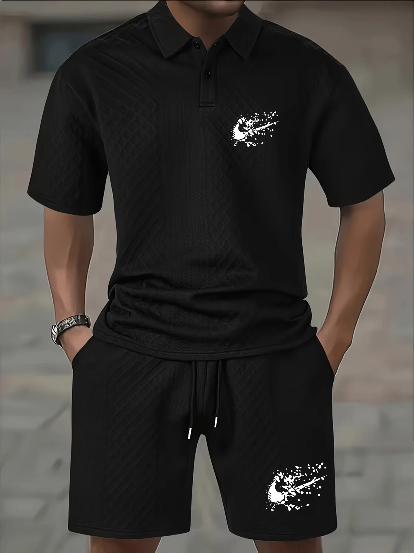 

Men's Waffle Knit Polo Set, Breathable Fabric, Lapel Collar, Two-button Placket