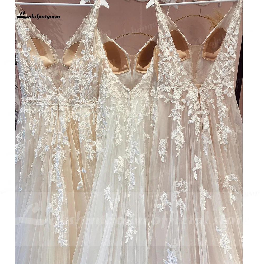 Lakshmigown scollo A V Appliques di pizzo abiti da sposa Champagne abiti da sposa una linea abito da sposa estido de noiva praiano