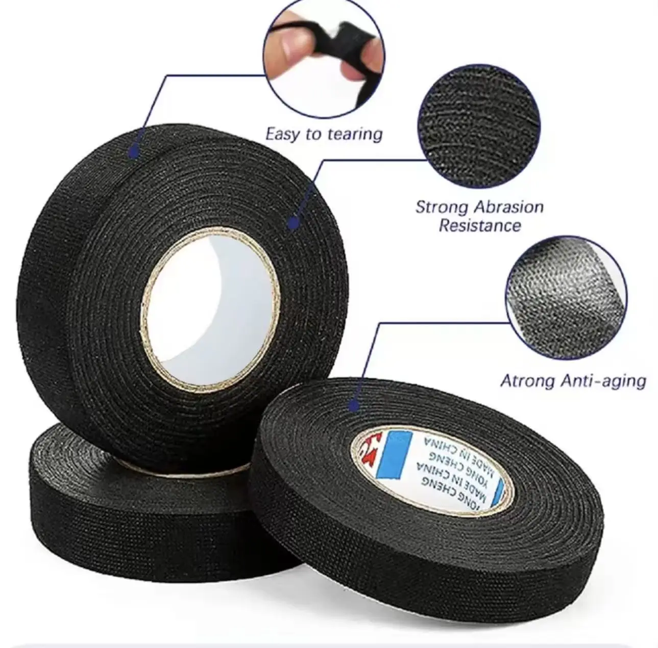 High Temperature Wire Harness Cloth Tape Automotive Cable Loom Heatproof Fabric Adhesive Tape for Engine Electrical Insulation
