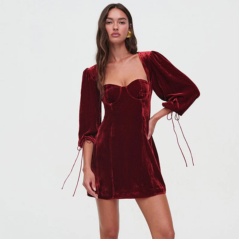 Women's French Backless Short Dresses Sexy Square Collar Drawstring Long Sleeve Velvet Dress Autumn Elegant Evening Party Dress
