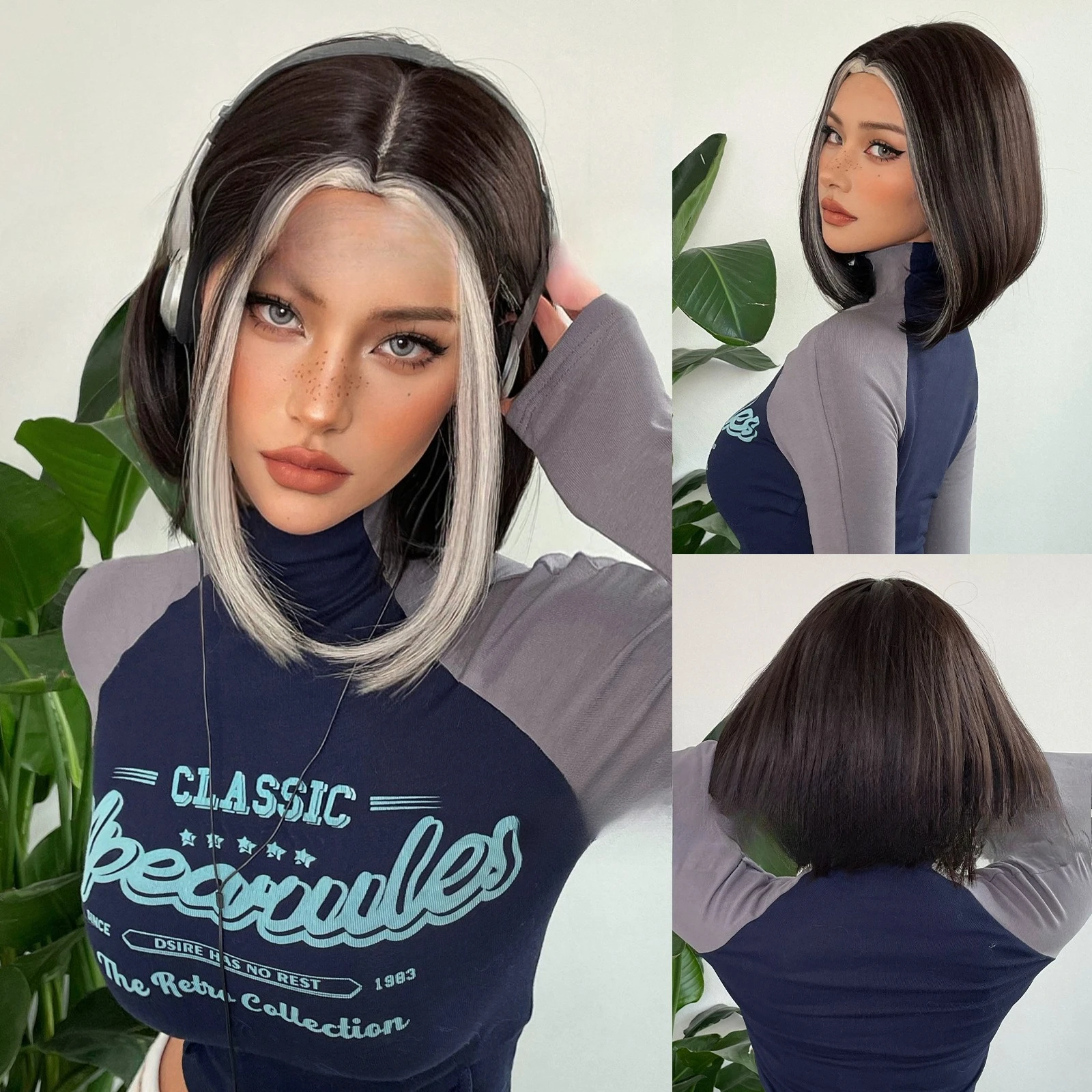 

Black Highlights Medium Short Straight Hair Chemical Fiber Wig Women's New High Temperature Silk