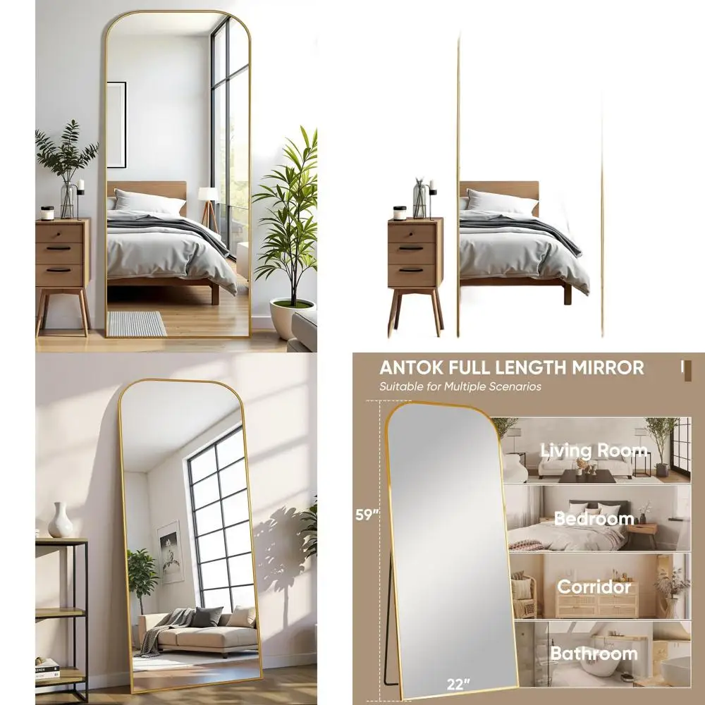 

Floor Standing Large Arched Mirror, 59x22, Full Length Mirror with Stand for Bedroom or Living Room, Gold