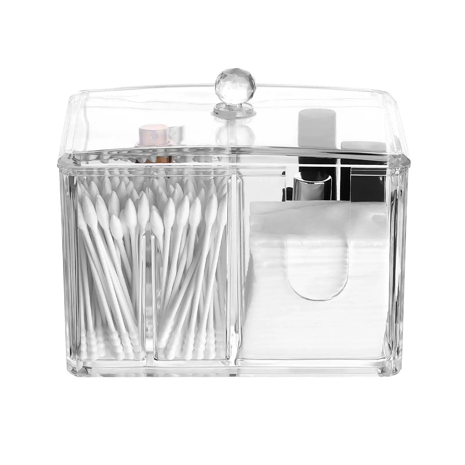 

White Storage Box Multiple Compartment Container for Cotton Pads Swabs Makeup Supplies Clear Lid Dustproof Crystal