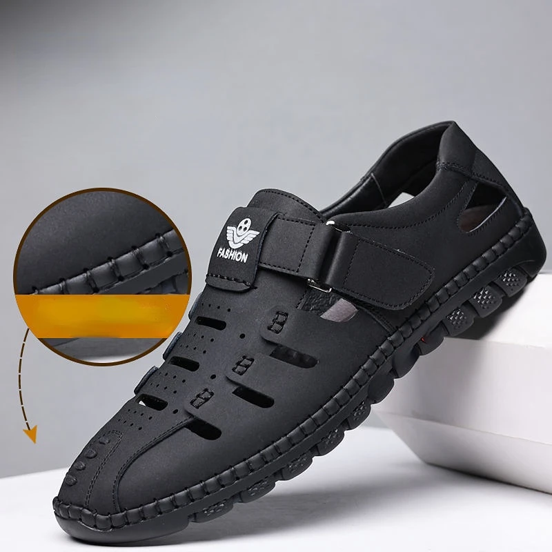 Mens Summer Sandals for Beach Leather Hollow Soft Sandals Non Slip Closed Toe Breathable Quick Drying Hole Shoes sandals for men