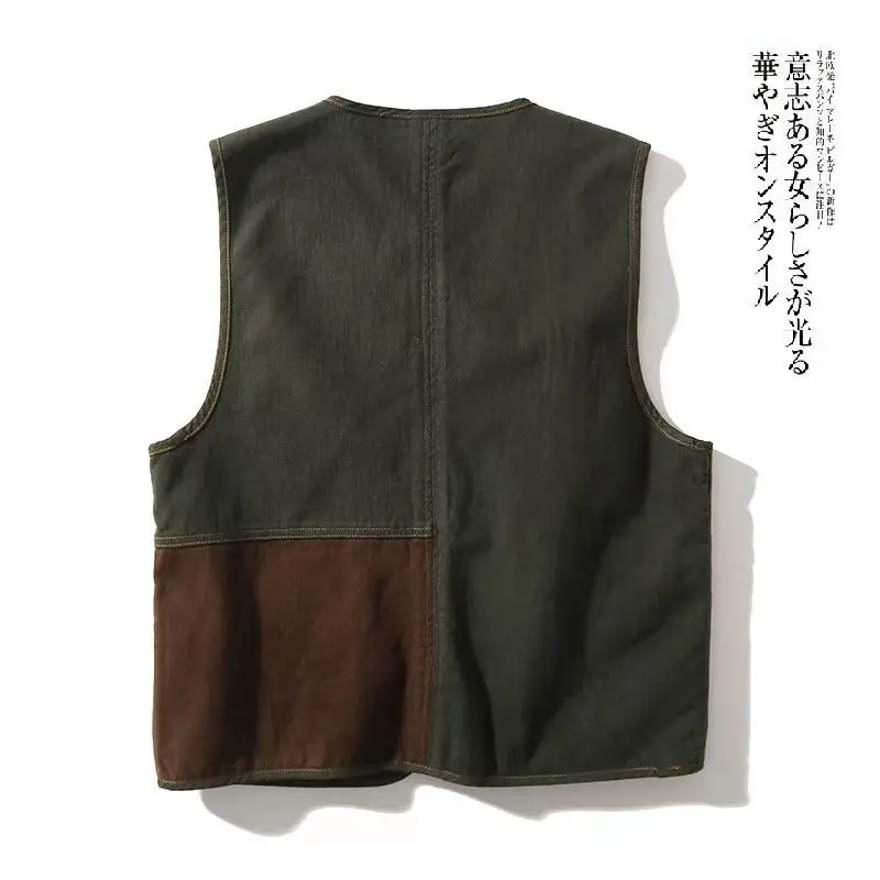 Vintage American Casual Heavyweight Washed Vest Multi Pockets Patchwork Unisex Loose Vest Jackets Coats with Zipper High Quality