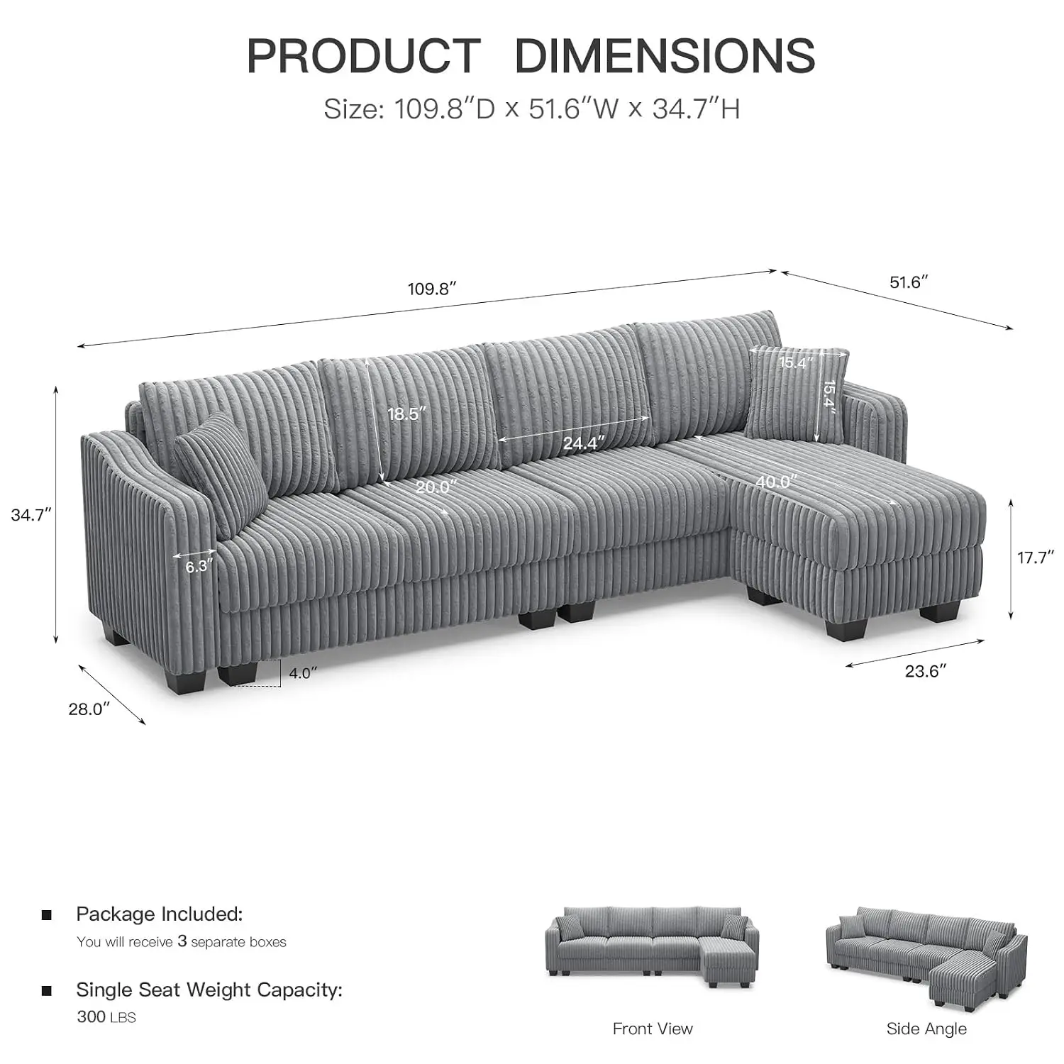 L-Shape Sectional Sofa with Ottoman Corduroy Light Grey Living Room, Customized