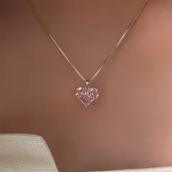 Light Luxury Style Pink Crystal Heart Pendant Necklace Suitable For Women's Daily, Festival And Party Wearing